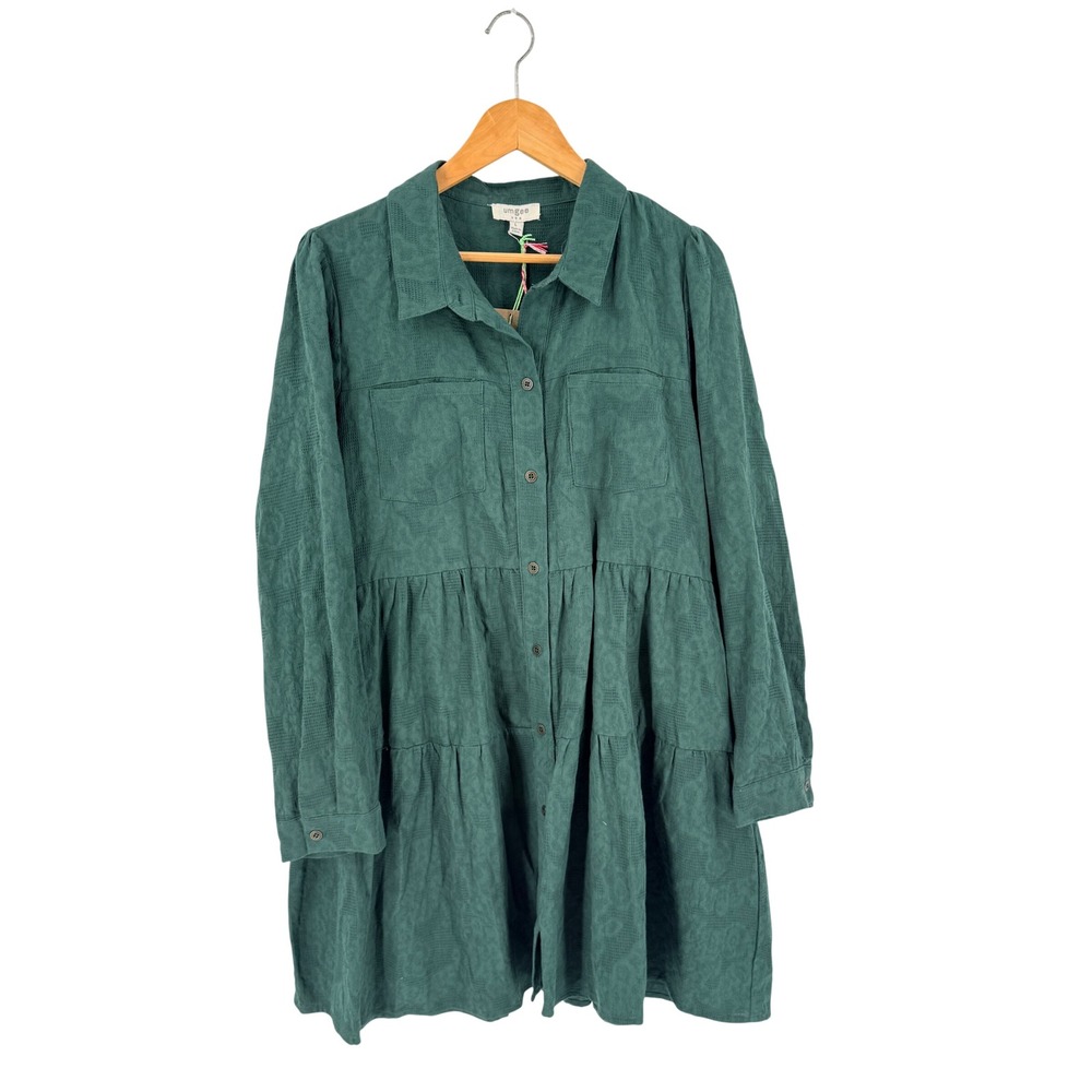 Umgee Shirt Dress Green Large L Textured Cotton Tiered Babydoll Mini Fall Earthy - Picture 9 of 9